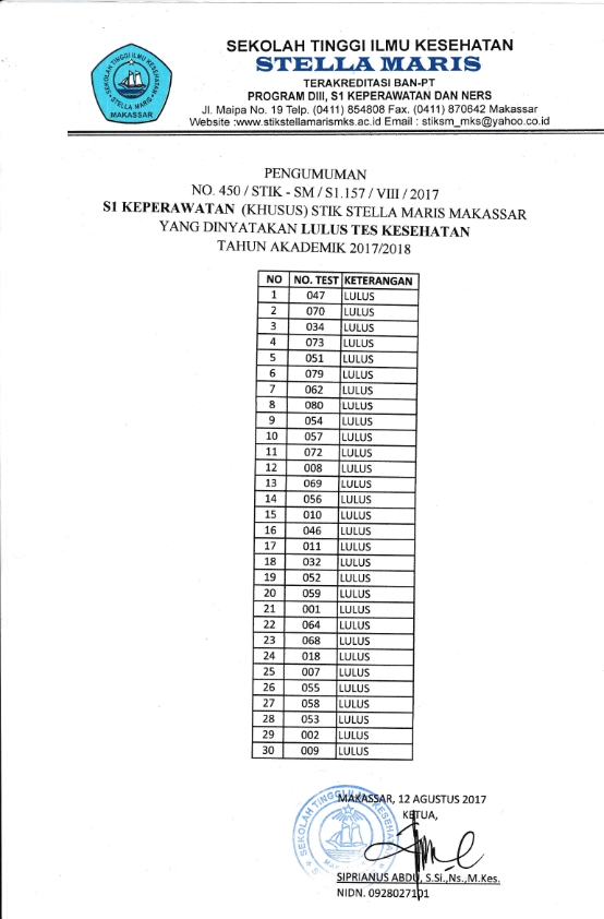 PENGUMUMAN YANG DINYATAKAN LULUS TES KESEHATAN S1 KEPERAWATAN (KHUSUS) STIK STELLA MARIS MAKASSAR