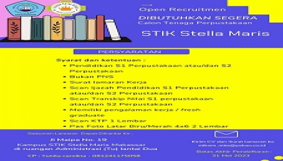 LOWONGAN TENAGA PUSTAKAWAN PATER MATHIAS WOLFF STIK STELLA MARIS MAKASSAR